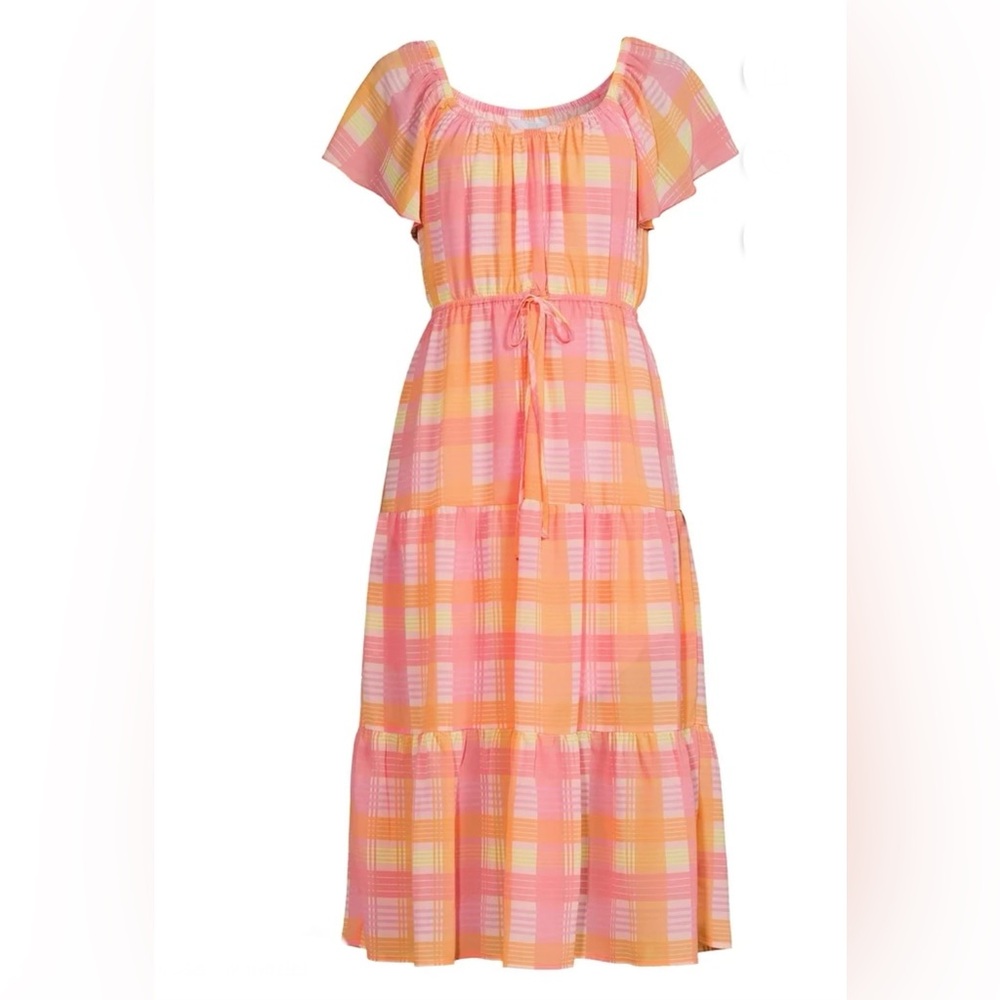 Time and Tru Plaid Flutter Sleeve Tiered Midi Dress Spring Summer Romantic XXL